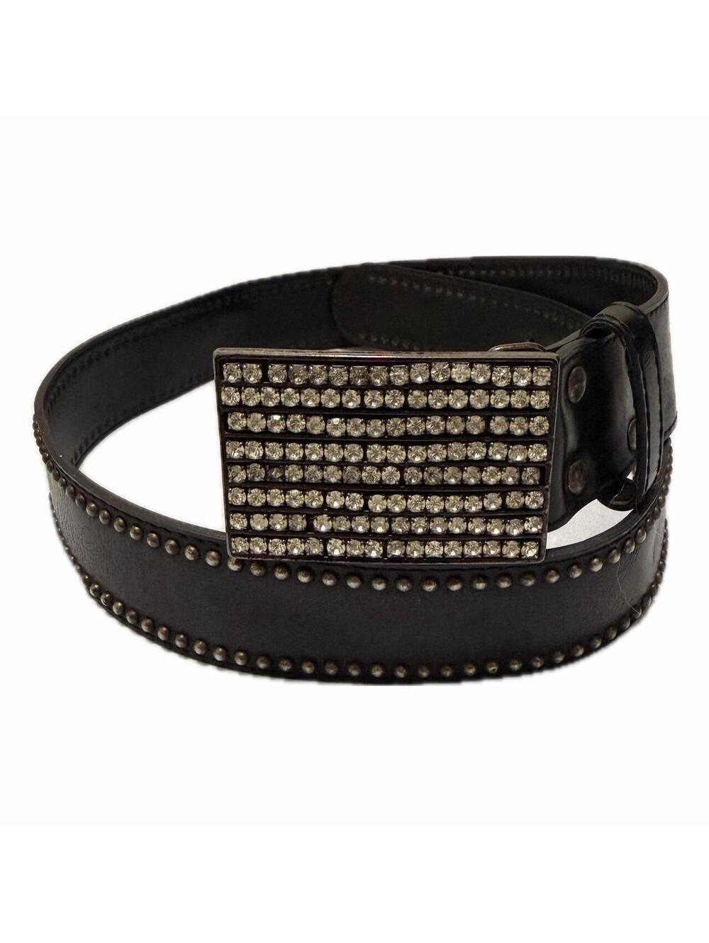 Black studded leather belt with rhinestone buckle